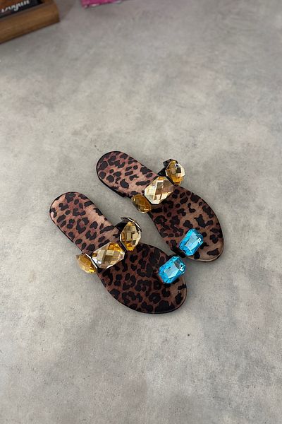 SHOEBELLAS Γυναικείες παντόφλες Xena Leopard Single Blue Stone με λεπτομέρειες