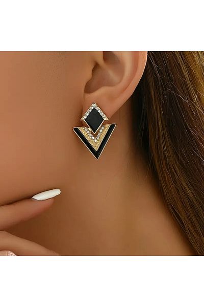 Atılgan Grp Classic and Elegant Design Zircon Stone Black and Gold Women's Earrings