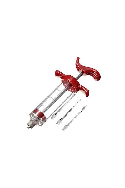 dalip Syringe for marinating and injecting meat, 50ml, 3 needles, plastic and stainless steel, Red-Transparent