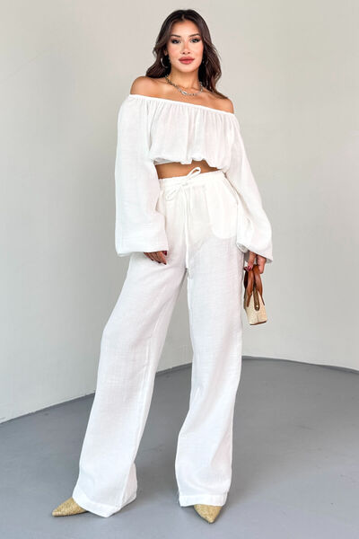 Cappmoda Tkm-13328 White Boat Neck Blouse & High Waist Wide Leg Pants Set