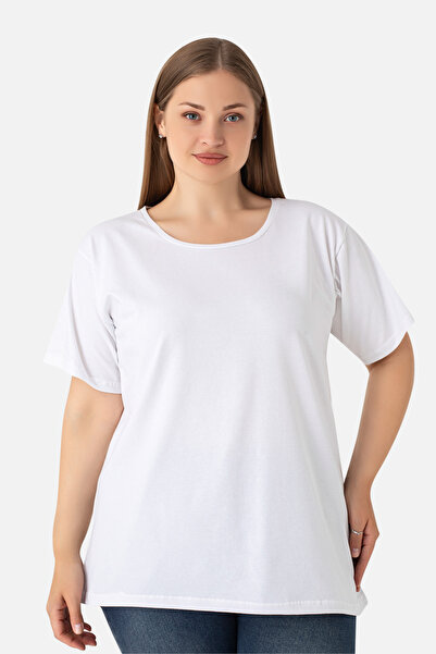 Arma Yıldız Women's White Plus Size Crew Neck Cotton Lycra Stretchy Short Sleeve T-Shirt