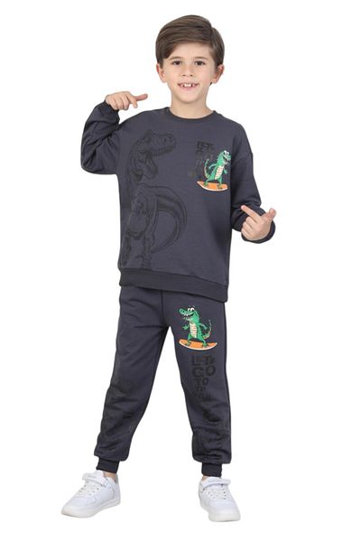 ERDEM KIDS Boys' Dinosaur Printed Pajamas Set Two-Thread Tracksuit Set Dual Set