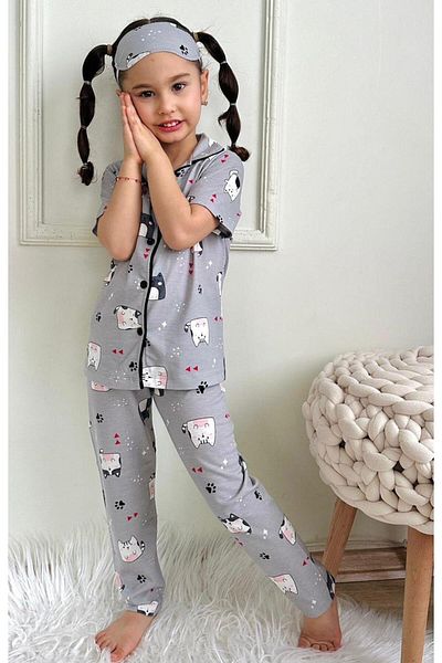LİLLYPİCCA Girl's Cat Patterned Buttoned Pajama Set
