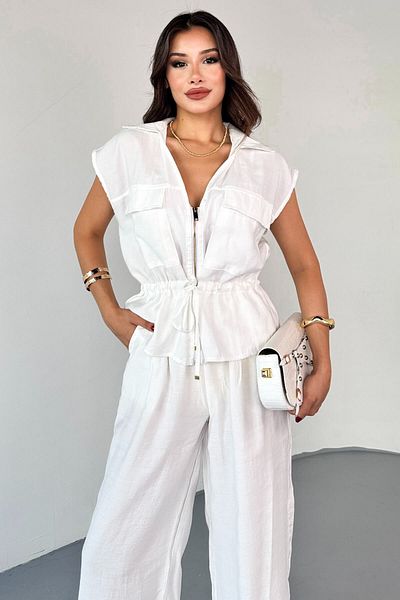 Cappmoda Tkm-8051 White Zipper Detailed Pocket Cover Blouse & Elastic High Waist Trousers Set