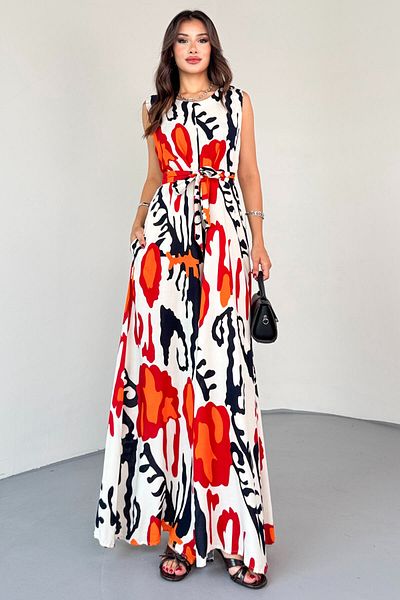Cappmoda Elb-01821 Cotton Viscose Jumpsuit with Pomegranate Flower Pattern and Back Zipper Belt