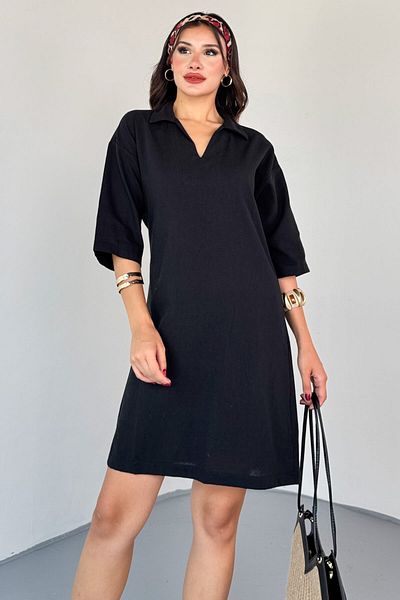 Cappmoda Elb-01826 Black Linen Polo Neck V Cut Casual Dress