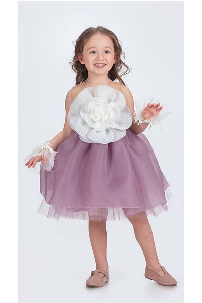 CECEYKİDS Rose Detail Girl's Evening Dress with Bracelets3-4