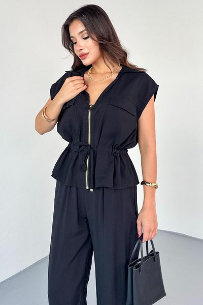 Cappmoda Tkm-8051 Black Zipper Detailed Pocket Cover Blouse & Elastic High Waist Trousers Set