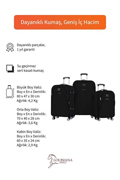 louisiana polo 3'lü Valiz Seti 4 Teker Kumaş Valiz Siyah 1081