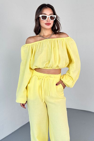 Cappmoda Tkm-13328 Yellow Boat Neck Blouse & High Waist Wide Leg Pants Set