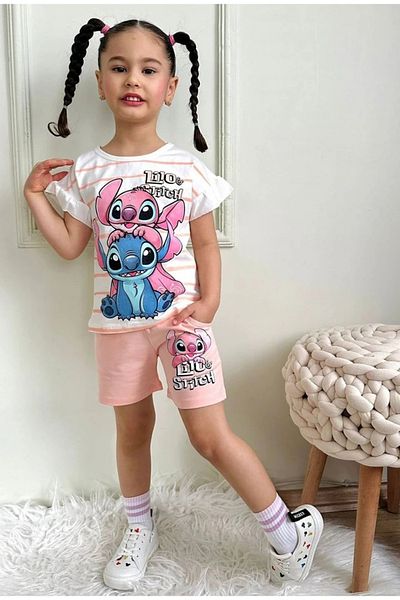 Yağmur Giyim Pjkskt Stitch Patterned Salmon Shorts Girl's Short Sleeve Set 7531-S