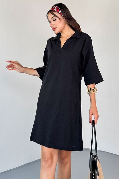 Cappmoda Elb-01826 Black Linen Polo Neck V Cut Casual Dress