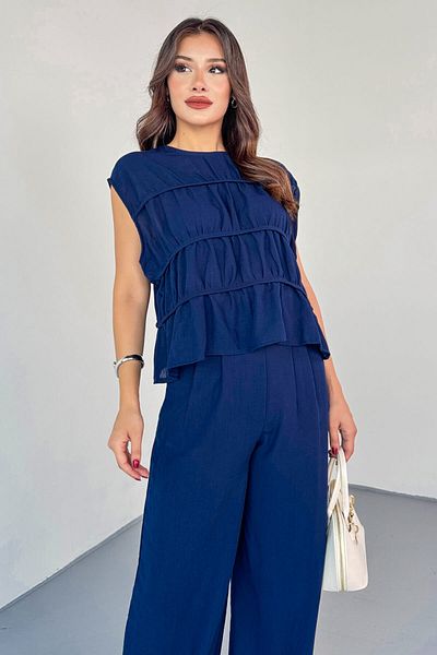 Cappmoda Tkm-8041 Navy Blue Flywheel Detailed Sleeveless Linen Blouse & Pleated Trousers Suit with Elastic Back