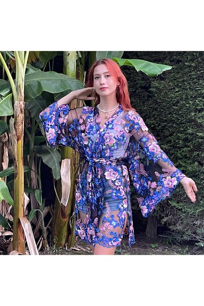 LİLA MARE Tül Üzeri Nakışlı Handmade Kimono
