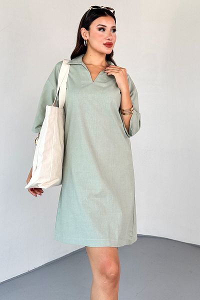 Cappmoda Elb-01826 Mint Green Linen Polo Neck V Cut Casual Dress