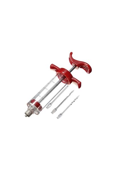 dalip Syringe for marinating and injecting meat, 50ml, 3 needles, plastic and stainless steel, Red-Transparent