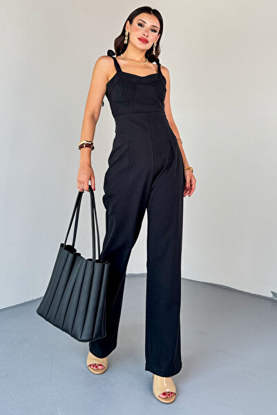 Cappmoda Elb-01822 Black Side Zipper Lace-Up Strap Raw Linen Jumpsuit