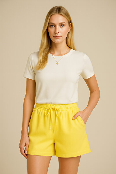 OLİZZA Women's Yellow Shorts Modal Fabric Lace-Up Double Pockets Comfortable Fit