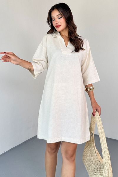 Cappmoda Elb-01826 Stone Color Green Linen Polo Neck V Cut Casual Dress