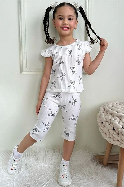 Yağmur Giyim Pjkskt Bow Pattern Ecru Corduroy Fabric Ruffled Sleeves Capri Girl's Short Sleeve Suit 7640-E