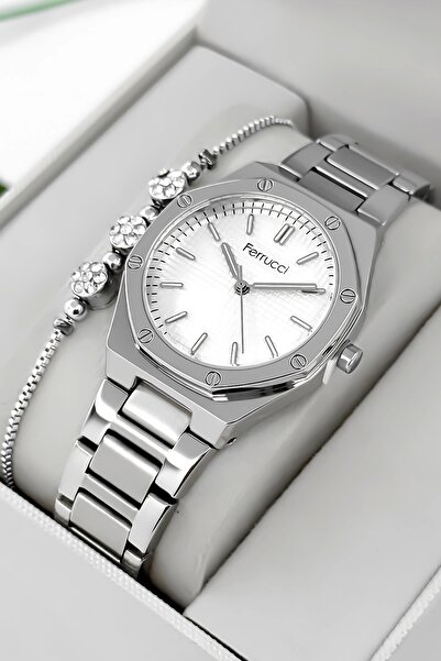 Ferrucci ساعة يد نسائية بسوار فولاذي وعلبة فولاذية، مقاومة للماء حتى 3 ATM، ف...