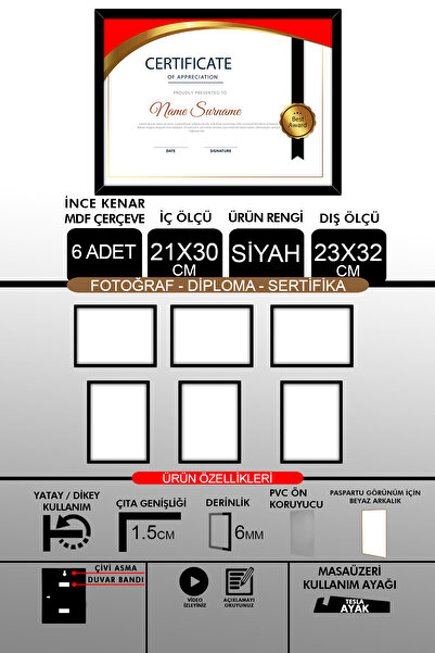 yhfoto 6 bucăți 21x30 cadru - cadru A4 cu șipci subțiri - cadru negru - cadru pentru certificat foto