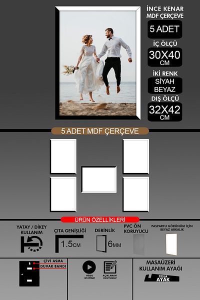 yhfoto 5 bucăți 30x40 rame - rame A3 cu șipci subțiri - 2 culori alb-negru - rame foto de 6 mm