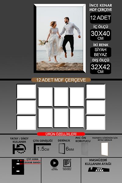 yhfoto 12 قطعة إطار 30x40 - إطار A3 ذو شرائح رفيعة - لونين أسود وأبيض - إطار صور 6 مم