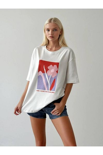 Ecenin Favorileri 100% Cotton Long Floral Patterned White Crew Neck Women's T-Shirt