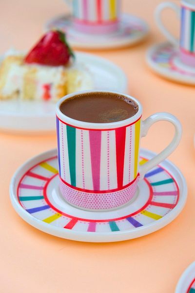 tabakevi Plate House Porcelain Color Stripe Coffee Cup Set 90Cc 6 Persons 12 Pieces