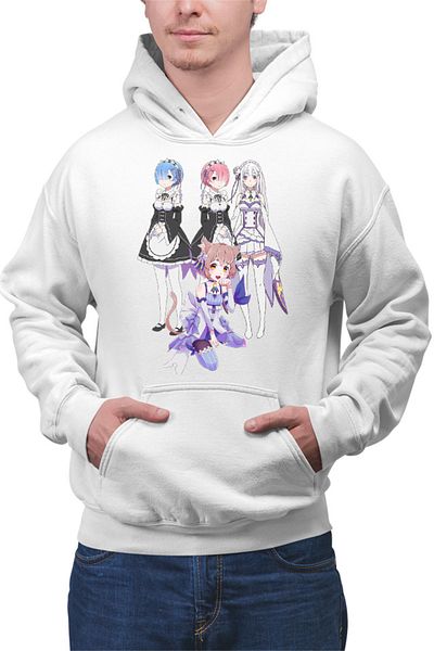 OEM Men's Hoodie Re zero REM RAM Emilia Felix Cat Waifu Yandere Doki Doki
