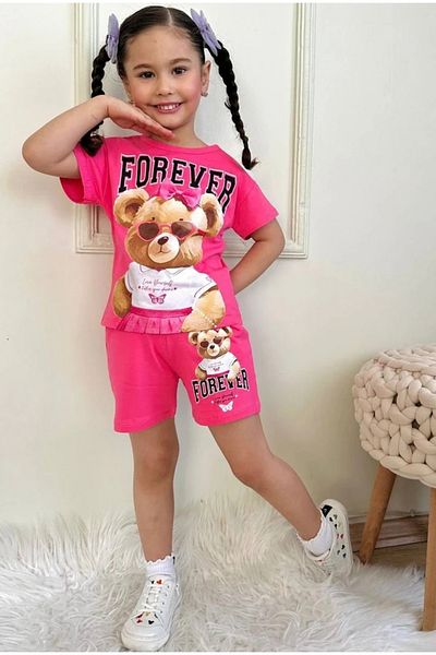 Yağmur Giyim Pjkskt Forever Sweet Teddy Bear Patterned Fuchsia Shorts Girl's Short Sleeve Set 7554-F