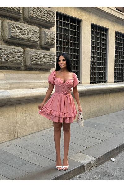 Stil Sepeti Women's Pink Sweetheart Neckline Buttoned Bodice Detail Ruffle Mini Dress Ely-100078104230