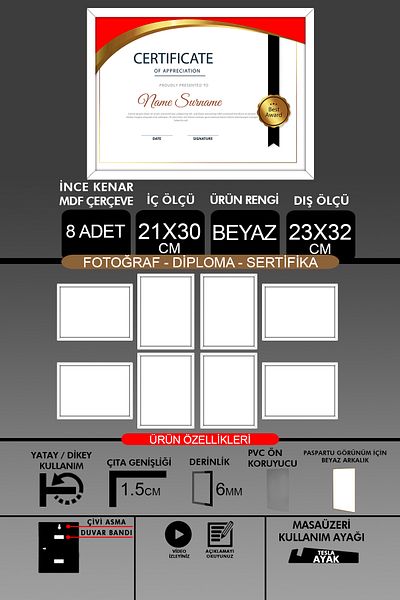 yhfoto 8 Pieces 21X30 Frame - A4 Frame with Thin Slats - White Frame - Photo Certificate Frame