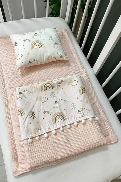 Masallar Diyarı Salmon/Mountain and Rainbow Patterned 3-Piece Blanket Baby Care Set