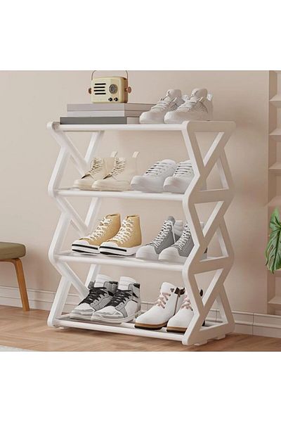 genric FFD Modern 4-Tier Shoe Rack | Sturdy Plastic Frame, Aluminum Pipe, & Cloth Shelf | Space-Saving