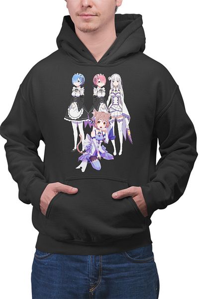 OEM Men's Hoodie Re zero REM RAM Emilia Felix Cat Waifu Yandere Doki Doki