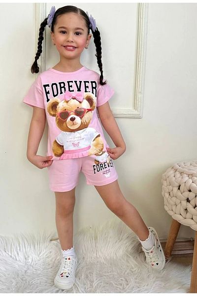 Yağmur Giyim Pjkskt Forever Sweet Teddy Bear Patterned Pink Shorts Girl's Short Sleeve Suit 7554-P