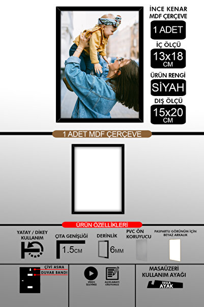 yhfoto 1 Adet 13x18 Çerçeve - İnce Çıtalı Çerçeve - Siyah Çerçeve - 6mm Çerçe...