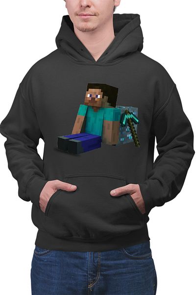 OEM Men's Hoodie Minecraft Diamond Cube Pickaxe Mining Sit Steve