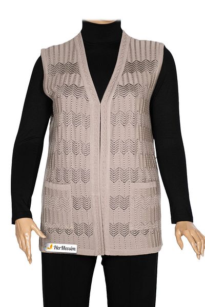 Hermevsim Hesna Women's Gökçe Knitwear Openwork Beaded Pocket Stone Beige Vest