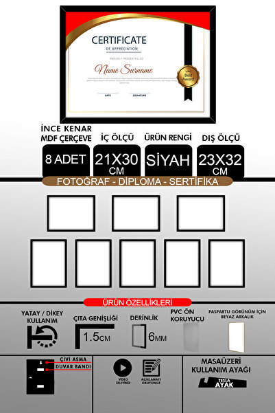 yhfoto 8 bucăți 21x30 cadru - cadru A4 cu șipci subțiri - cadru negru - cadru pentru certificat foto