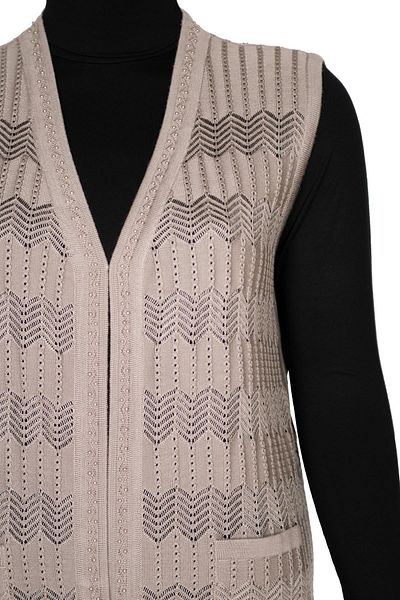 Hermevsim Hesna Women's Gökçe Knitwear Openwork Beaded Pocket Stone Beige Vest