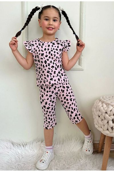 Yağmur Giyim Pjkskt Leopard Pattern Pink Corduroy Ruffled Sleeve Capri Girl Short Sleeve Suit 7643-P