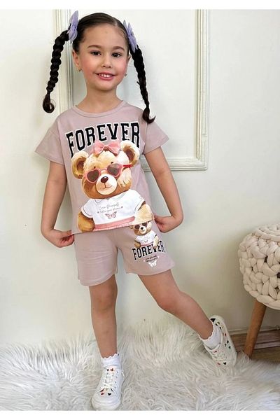 Yağmur Giyim Pjkskt Forever Sweet Teddy Bear Patterned Dusty Rose Shorts Girls Short Sleeve Set 7554-Gk