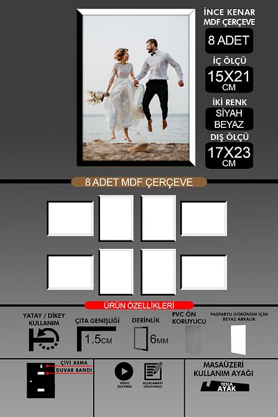 yhfoto 8 bucăți 15x21 rame - rame A5 cu șipci subțiri - 2 culori alb negru - rame foto de 6 mm