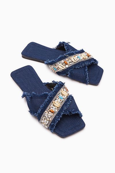 Limoya Γυναικείες παντόφλες Felisa Navy Blue Stone και Bohemian με διακόσμηση από κοχύλι