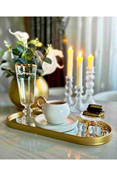 Canbay Store 2 Adet Aden Aynalı Duvara Asılabilen Dekor Ve Kahve Sunumluk Gold Tepsi 12x30 cm