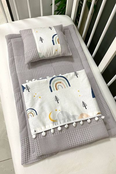 Masallar Diyarı Gray/Blue Cloudy Patterned 3-Piece Blanket Set