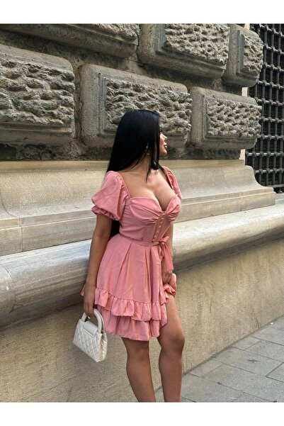 Stil Sepeti Γυναικείο Μίνι Φόρεμα με Ροζ Καρδιά με Κουμπιά Κορσέ Λεπτομερές βολάν ELY-100078104230